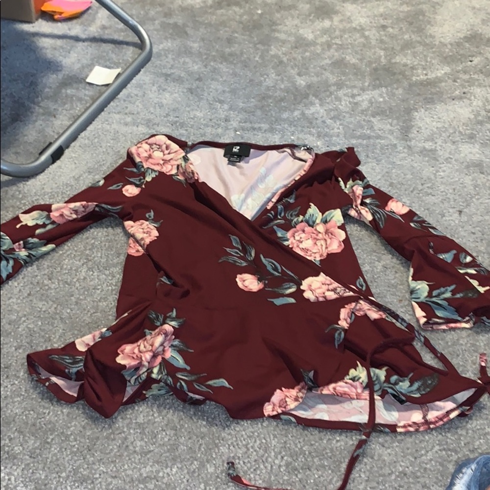 wrap burgundy floral top